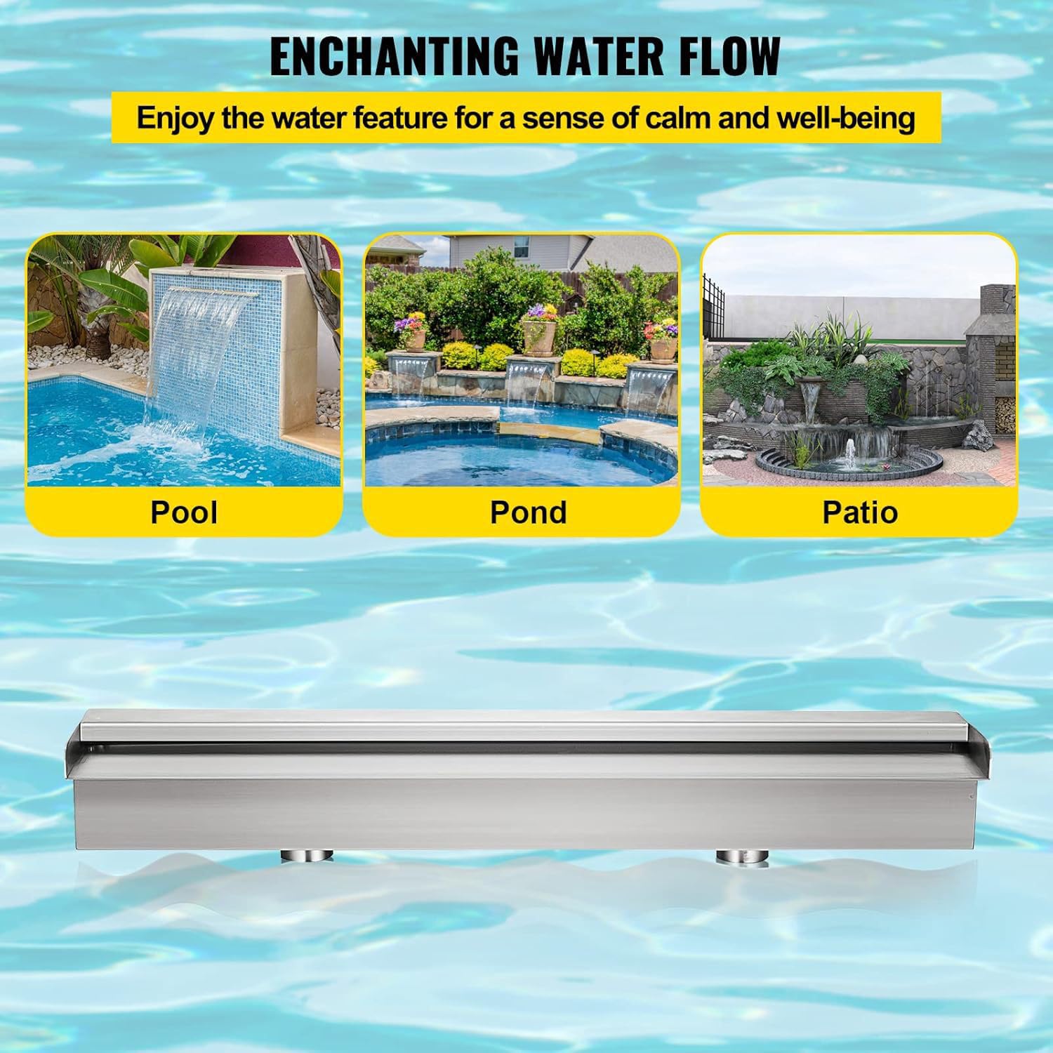 Edelstahl Wasserfall Element 60cm,Teich Wasserfall Spillway Pool Brunnen Wasser Feature,Edelstahl Teich Blade Set,Für Gartenteiche,Steinkörbe,Teichwände,Schwimmbäder,60x11.5x8 cm (Ohne Beleuchtung)