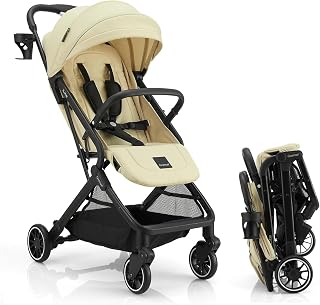 Gromast Lightweight Baby Stroller - Compact One-Hand Fold Travel Toddler Stroller, UPF50+ Canopy, Cup Holder, Waterproof - Beige