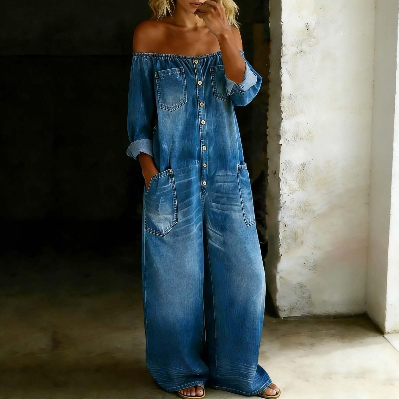 Generale Tuta Intera Jeans Donna Maniche Lunghe, Spalline Scoperte con Bottoni, Pantalone Gamba Larga Casual con Tasche