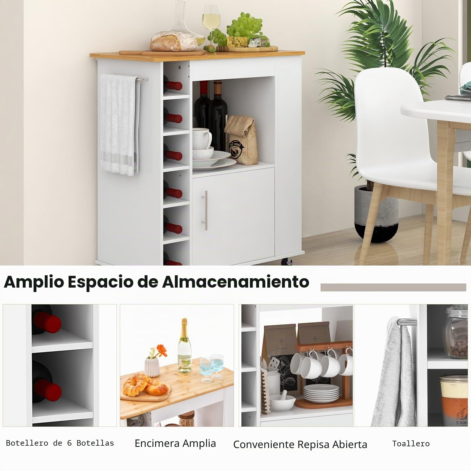 KOMFOTTEU Carro de Cocina con Encimera de Bambú y Ruedas (Blanco)