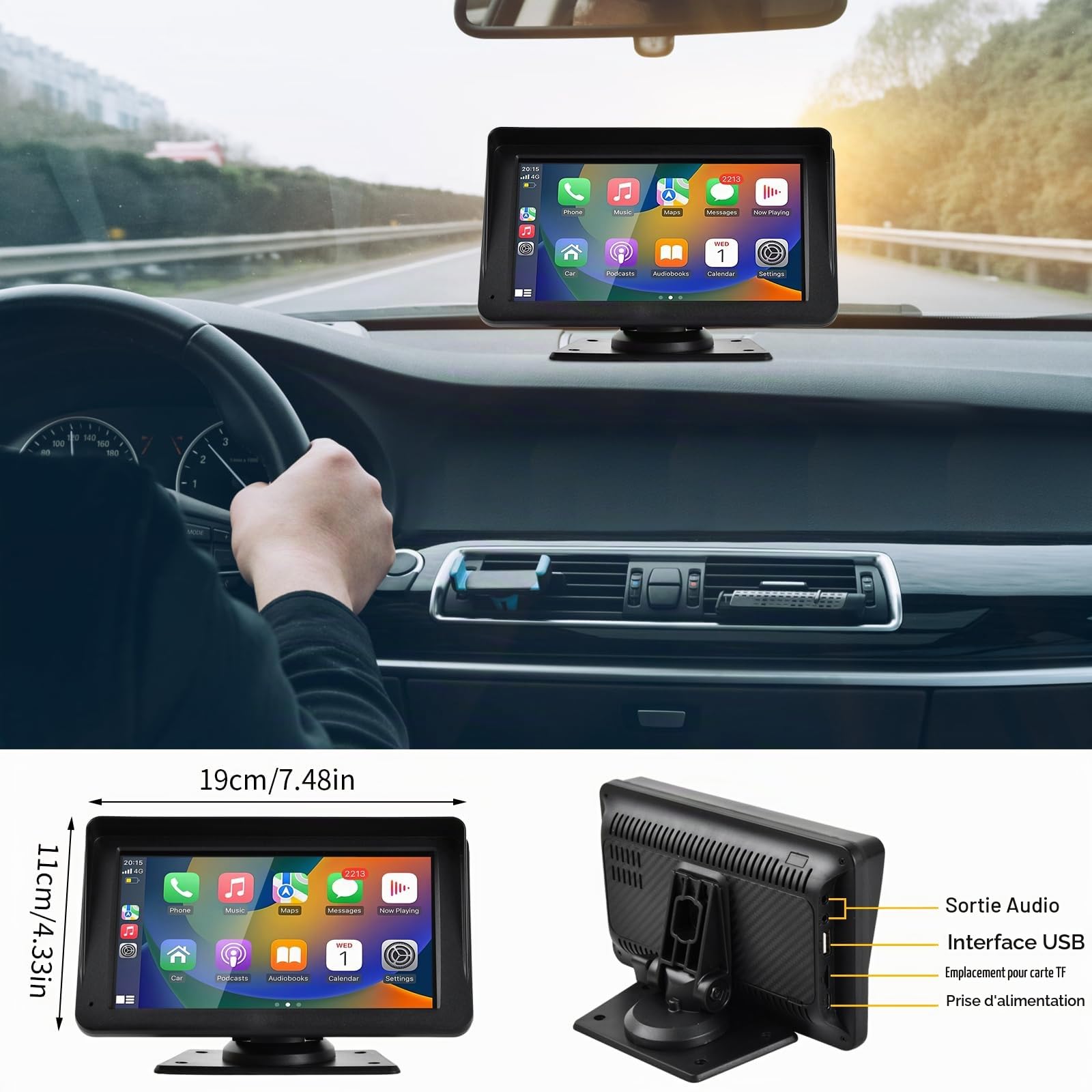Stéréo sans Fil Carplay et Android, Écran Tactile 7" Partagé, Autoradio Bluetooth, Commande Vocale, Navigation GPS