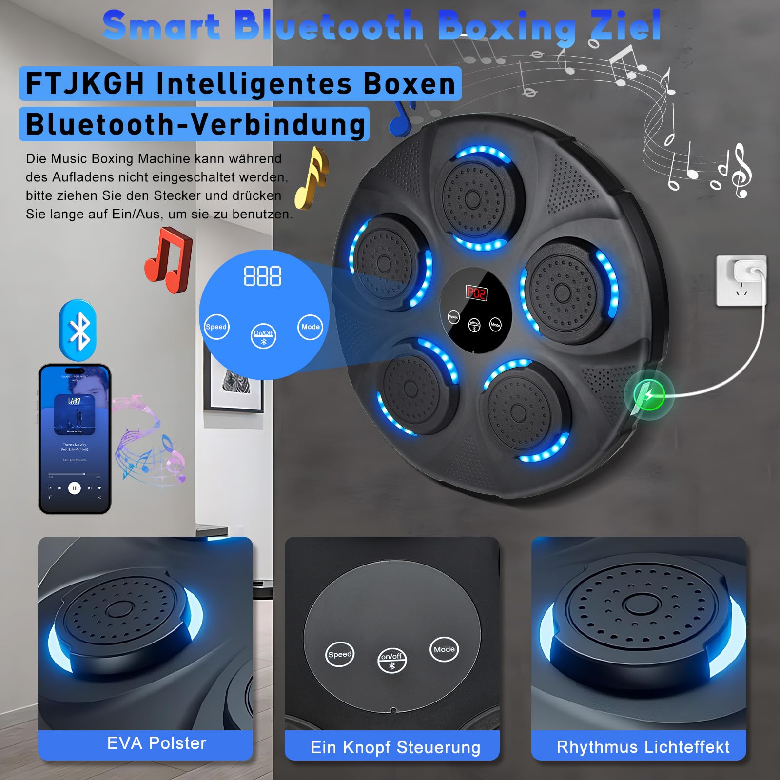 Music Boxing Machine, LED Licht Box Wand mit Musik Box Maschine mit Boxhandschuh, 9 Geschwindigkeitsmodi & Zählmodus Musik Power Boxing Boxautomat, Bluetooth Musical Boxmaschine für Kinder