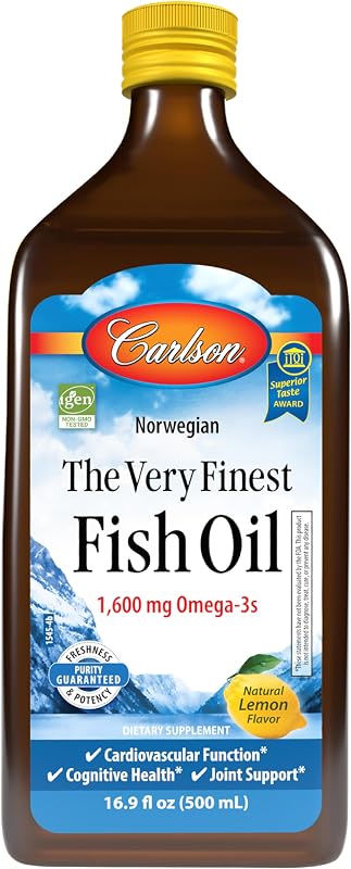 Carlson The Very Finest Fish Oil, 1600 mg, Omega-3, 500 ml (16,9 onzas líquidas) | Limón; Suplemento de aceite de pescado líquido; aceite de pescado noruego; Salvaje capturado; Aceite de pescado líquido de origen sostenible