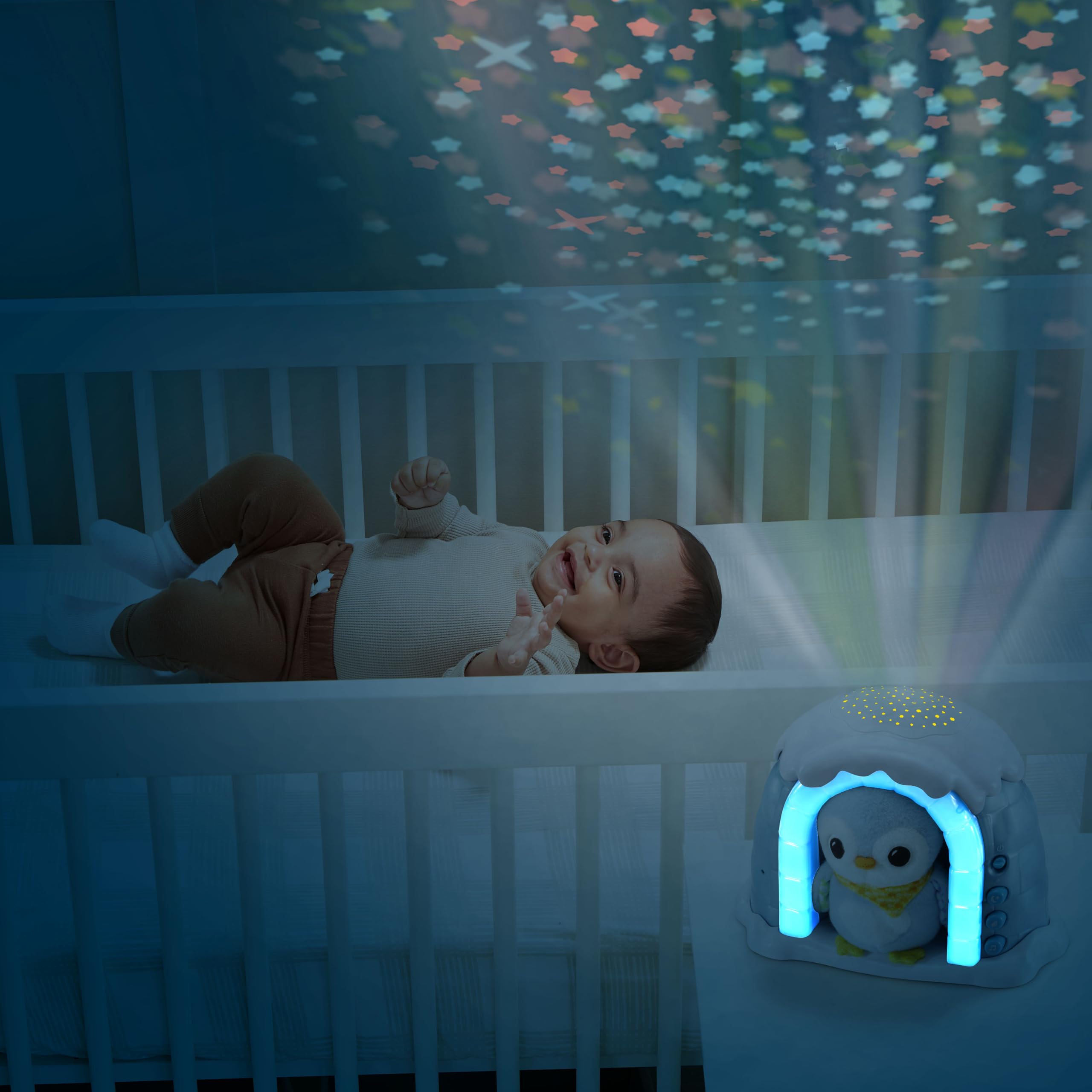 VTech – Luz Nocturna P'tit Pingüino Noche Estrellada, Igloo Nightlight para bebé Musical, proyección Luminosa en el Techo, música Suave, Ruidos Blancos, Doudou pingüino, Regalo de Nacimiento –