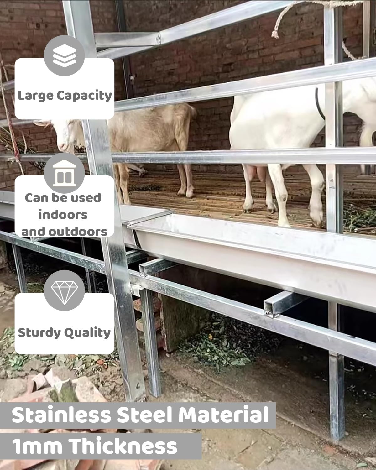 Comedero de acero inoxidable para ganado con soporte, alimentador de agua y pienso resistente para cerdos, caballos, ovejas y aves de corral