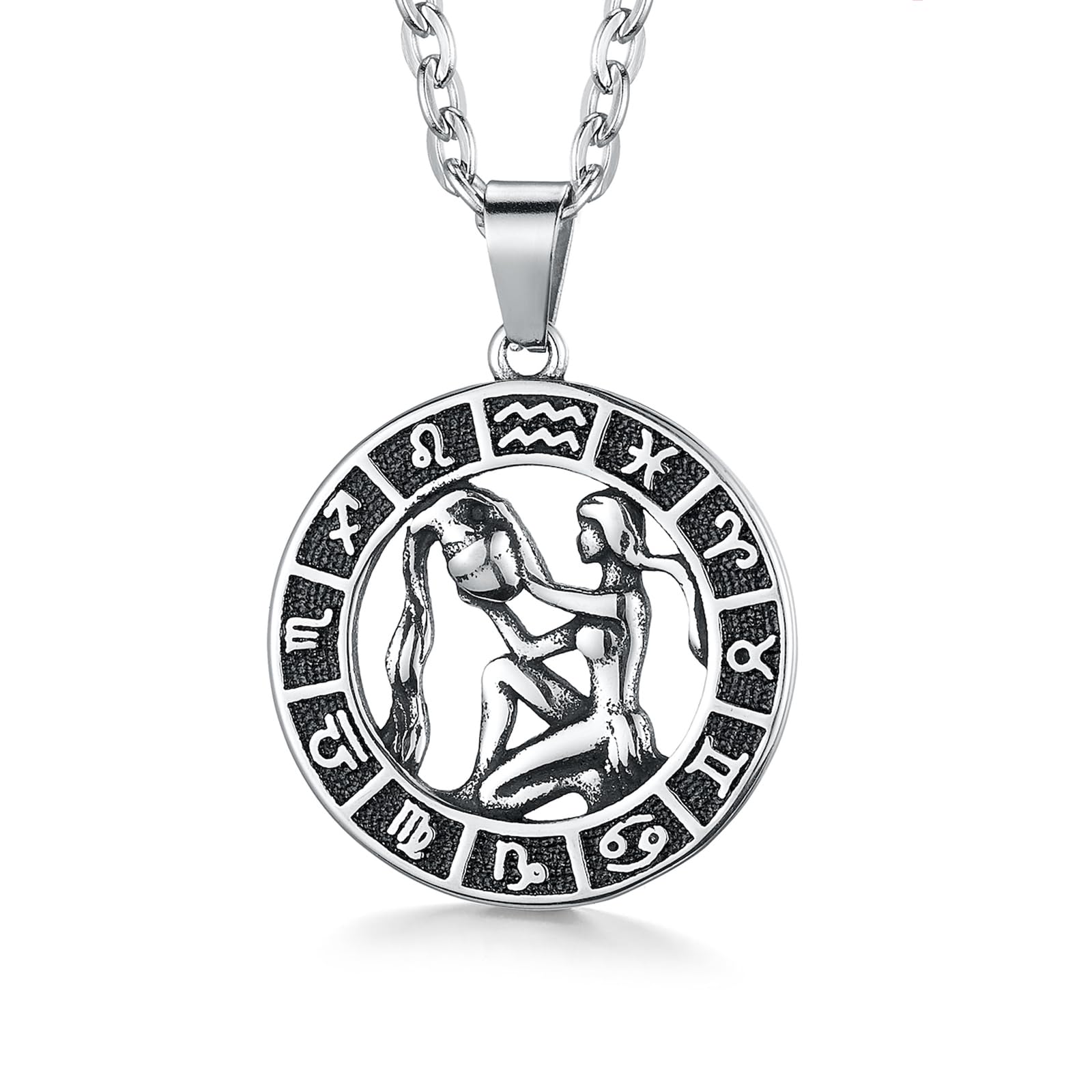 GHIUYUI Zodiac Sign Pendant Necklaces for Women Men Stainless Steels Leo Constellation Horoscope Medallion Retro Celestial Astrology Jewelry