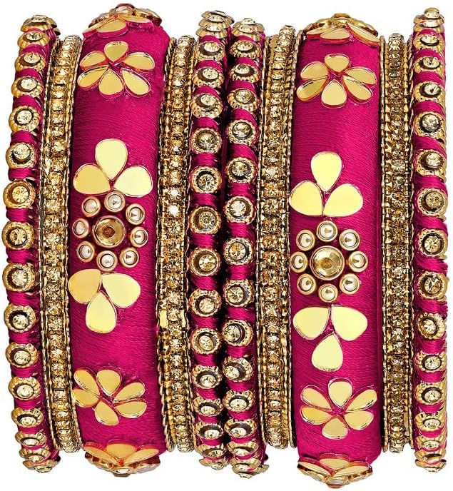 Aheli Synthetic Stone Studded 2.6 Inch Green Silk Thread Bangles Set Ethnic Fashion Jewellery Gift for Women - Image 4