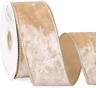 Ribbli Champagne Crushed Velvet Wired Ribbon with Beaded Pearl Edge, 2-1...