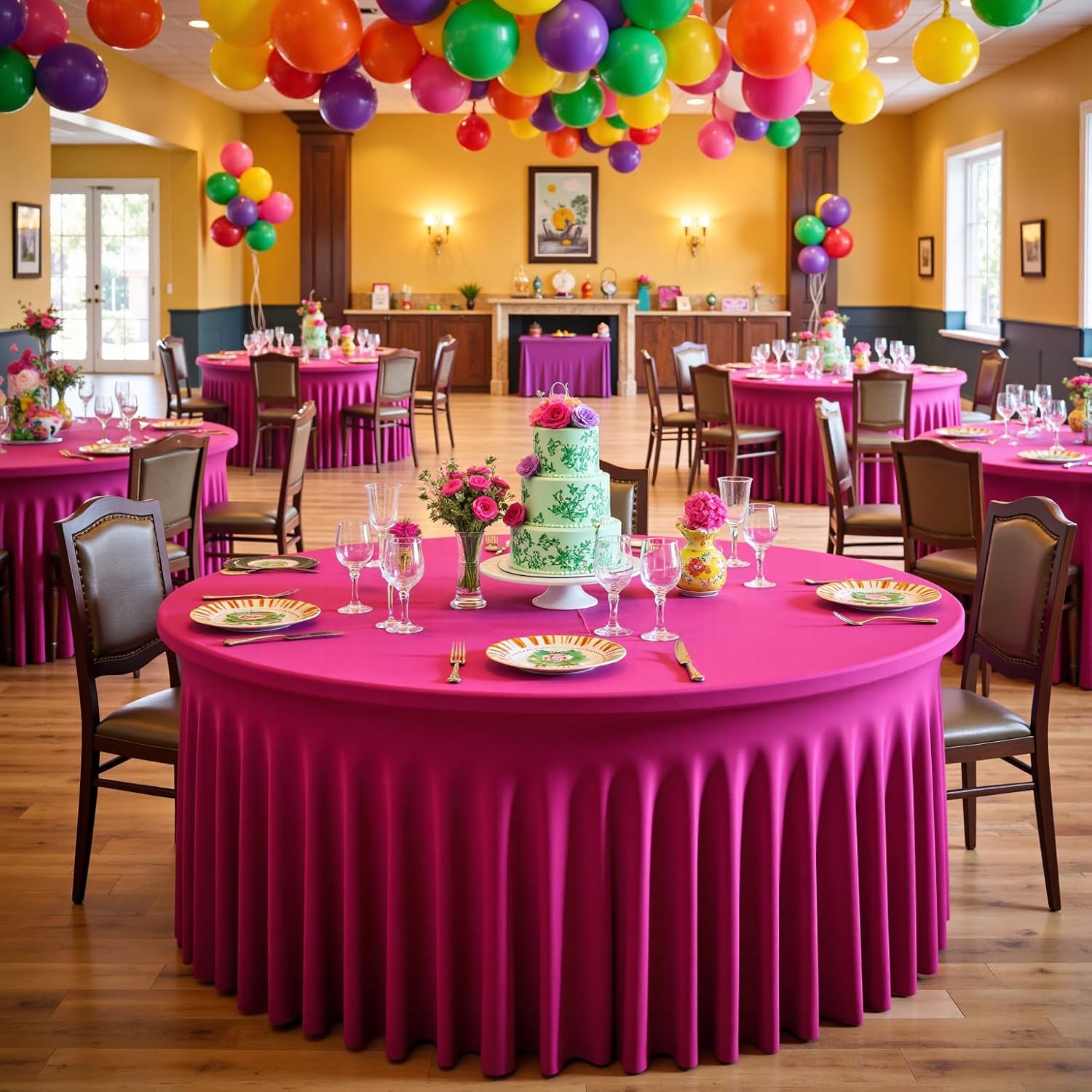 leegleri 6 pack 72inch spandex hot pink round tablecloth, stretchy 132inch fitted 6ft round table cloths, wrinkle free table cover with skirt for wedding birthday party bridal shower banquet hot pink 72inch-6pack