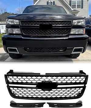 Grille Assembly Compatible with 2003-2007 Silverado 1500 2500HD 3500HD Gloss Black Bumper Grill Assembly Replace For 15276048