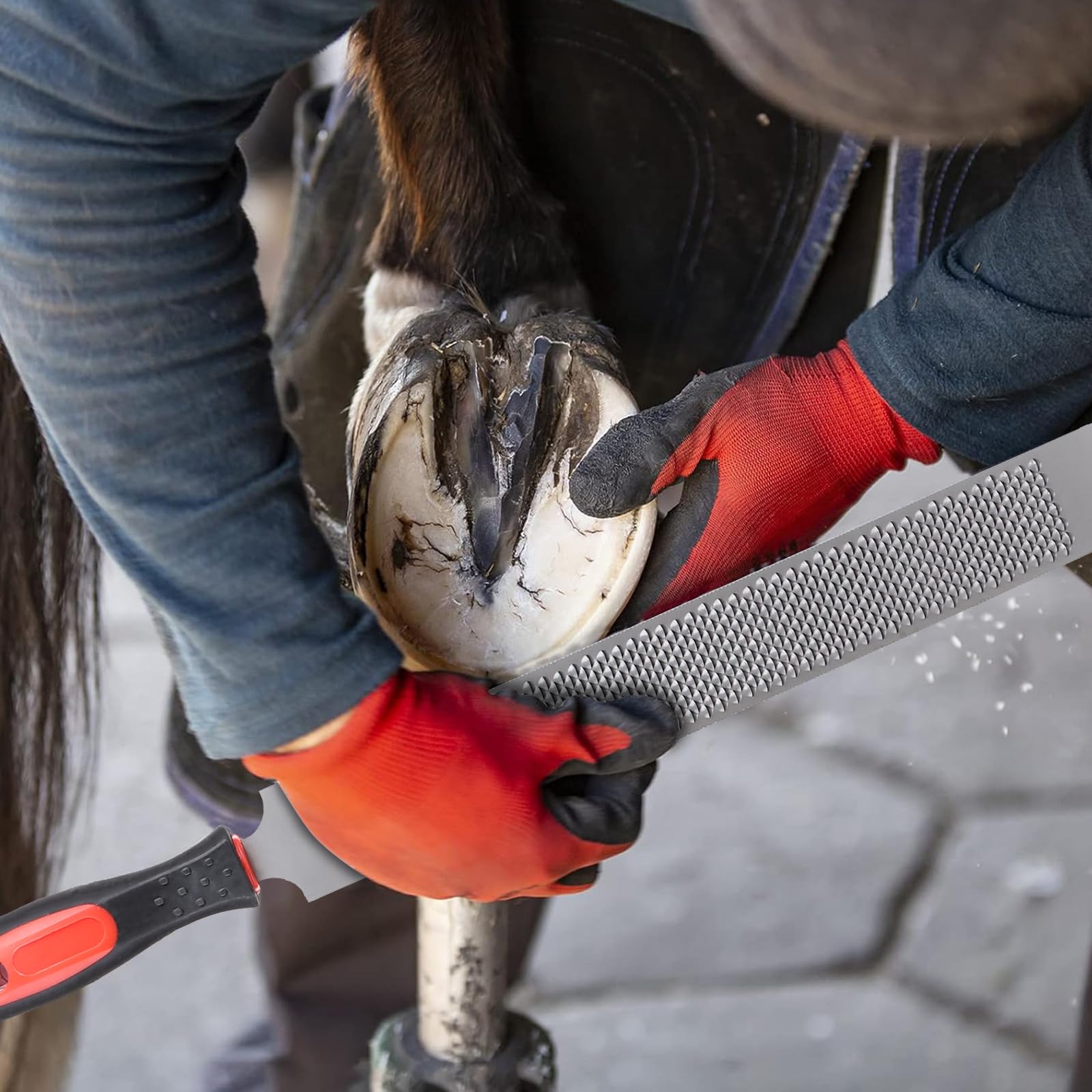 LALAGO Kit de Herramientas Profesionales para Recorte de Casco de Caballo de 4 Piezas, Cuchillo para Casco, Cortador de Casco, Raspador de Casco con Mango de Goma, Guantes