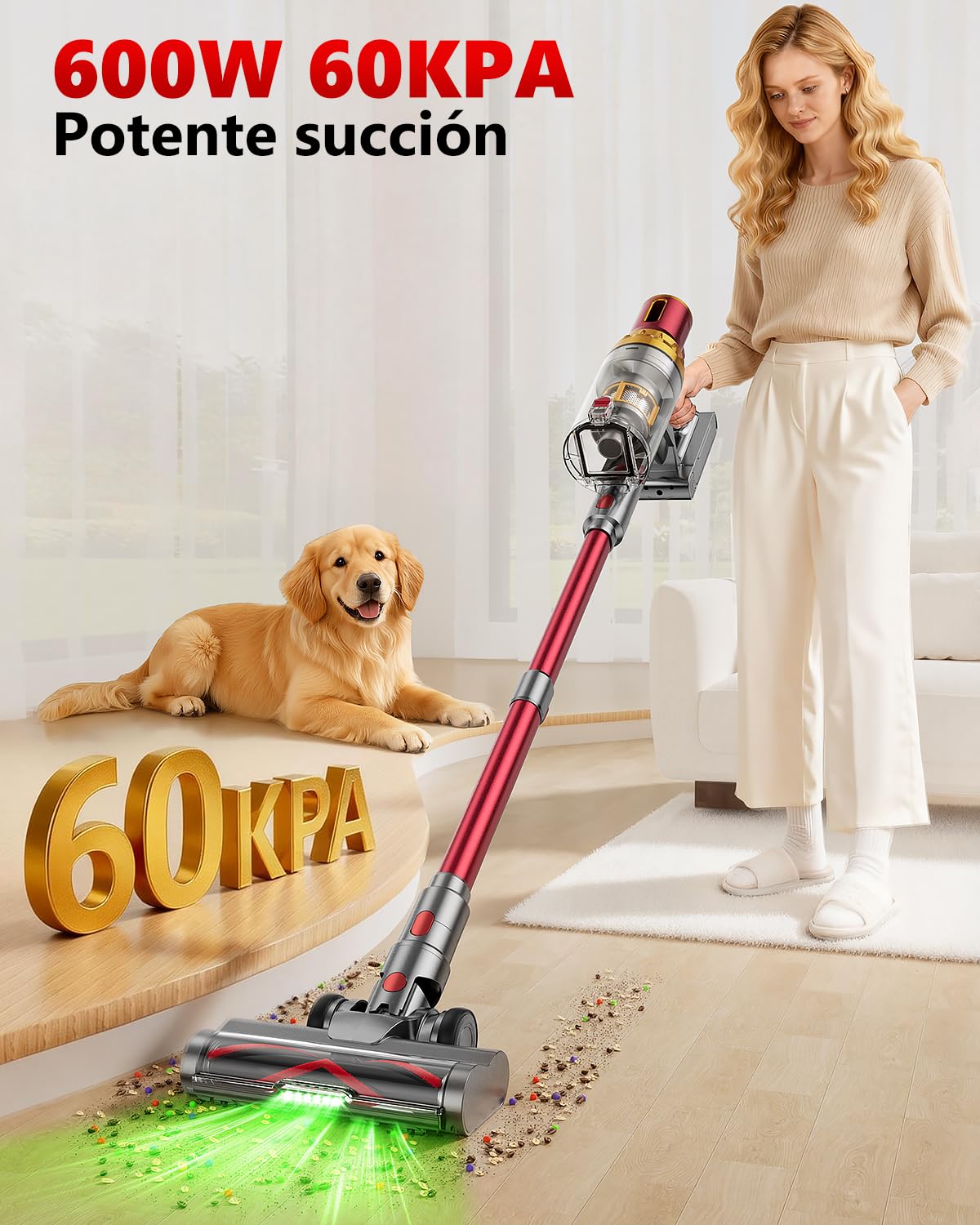 60KPa/600W Aspiradora sin Cable, Aspiradora Fregadora Sin Cable Potente hasta 75Mins, con Carga de Pared Smart Screen, Cepillo Antienredos, Alfombra Pelo Mascota Suelo Sofá