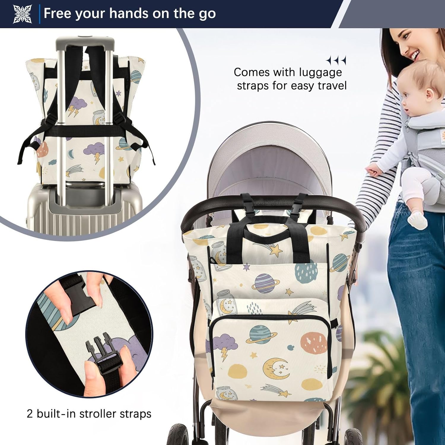 SPRIPORT Space Planets Moon Stars Pattern Diaper Bag Backpack for Baby Boys Girls Multifunction Baby Essentials Travel Tote with Stroller Straps & Bottle Storage Large Travel Diaper Backpack for Baby