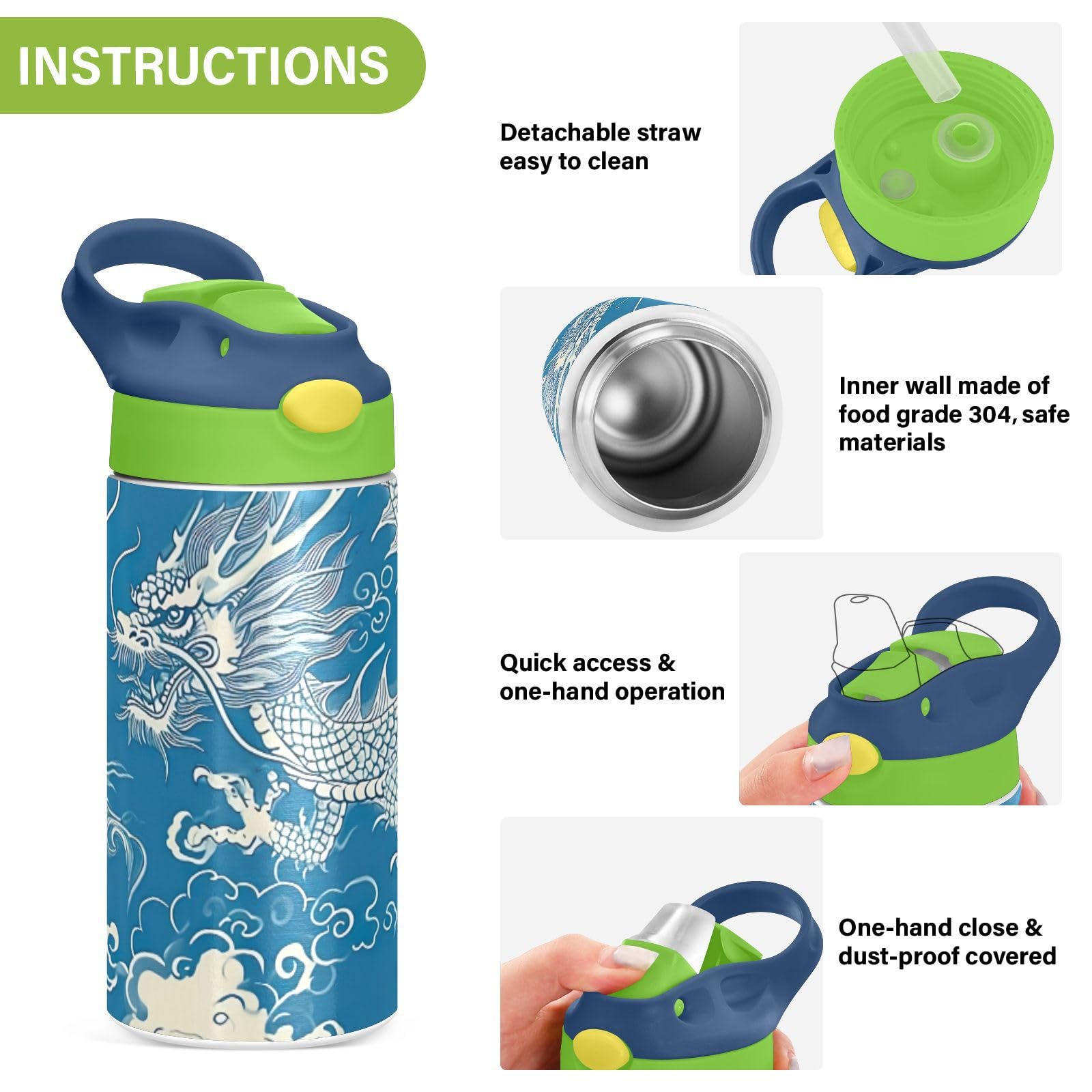 Amazon.com: Kigai Chinese Dragon Blue Water Bottle, Vacuum Insulated  Stainless Steel Water Bottles, with Green Straw Lid Double Walled Leakproof  Water Flask for Kids Girls Boys, 12 oz: Home & Kitchen