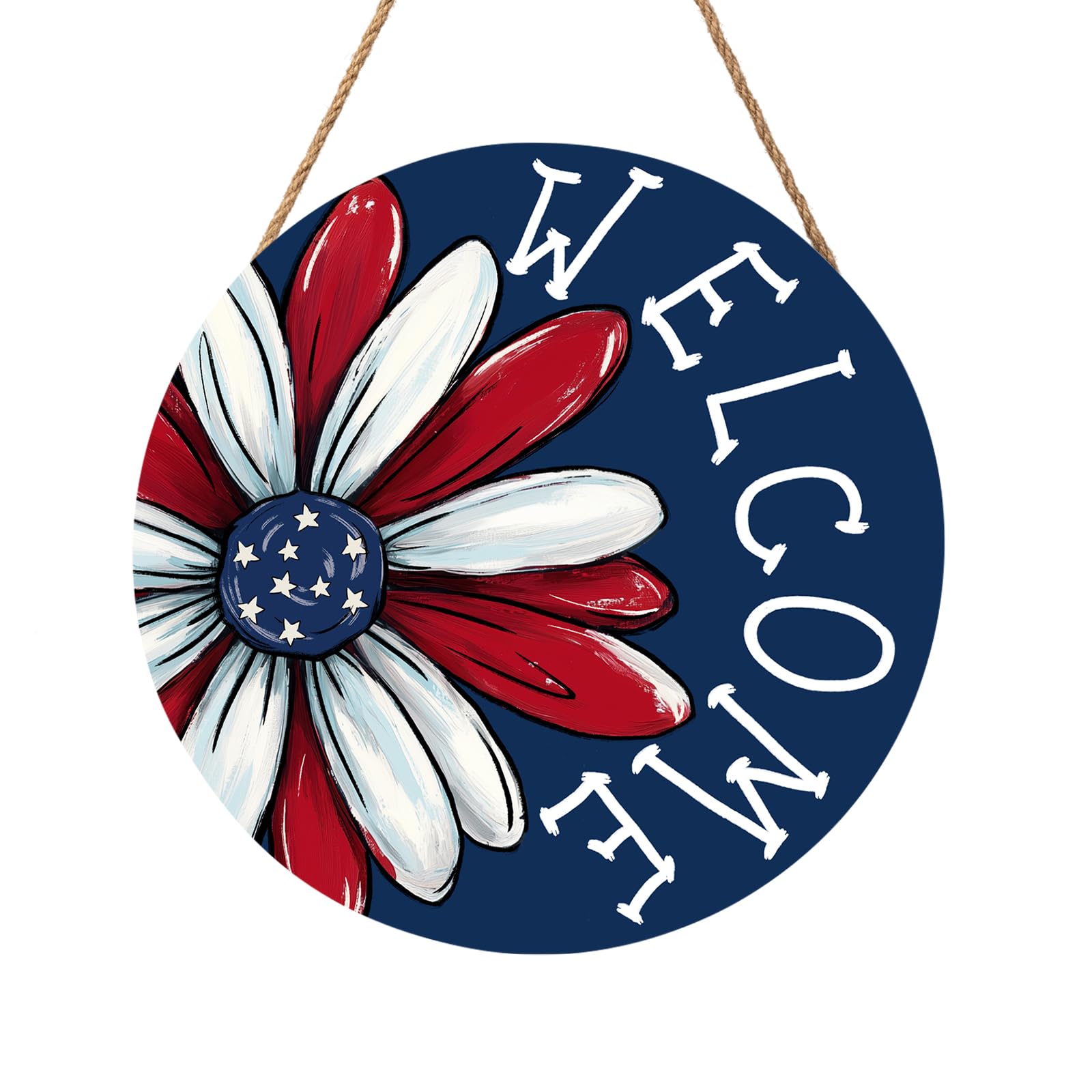 4th of July Decorations Memorial Day Door Sign 12x12 Inch American Patriotic Wood Door Hanger Independence Day Wreath Red White Blue Flower Welcome Hanging Sign for Front Porch Farmhouse Decorations