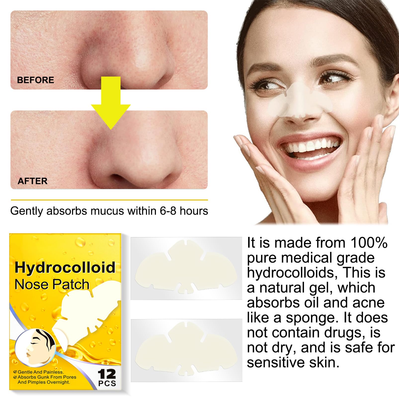 12Pcs Hydrocolloid Nose Strips,Blackhead Remover Strips,Nose Pore Strips for Unclog and Shrink Pores,Absorbs Oil,Removal Acne,Pimple,Zits,Spot,Targets Pores & Pimples - Image 2