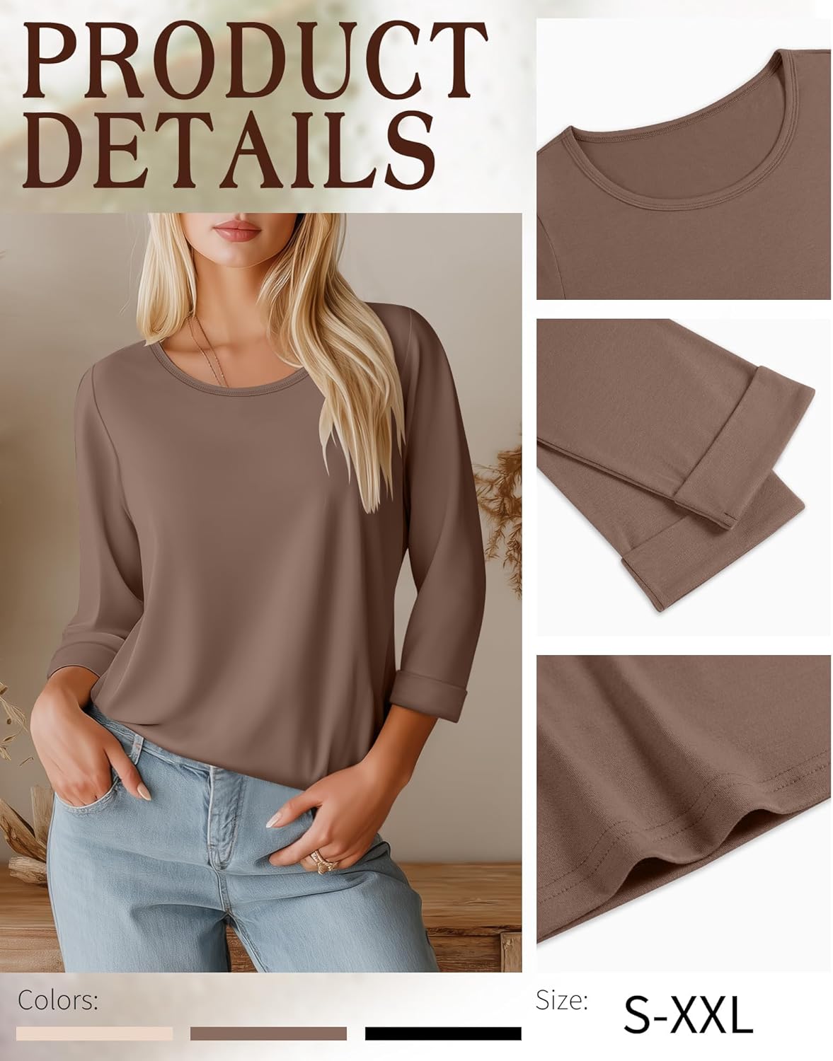 Huukeay 3 Pack 3/4 Length Sleeve Women's Tops Trendy Crew Neck Roll Basic Tees Top Dressy Loose Casual T-Shirt Blouses - Image 6