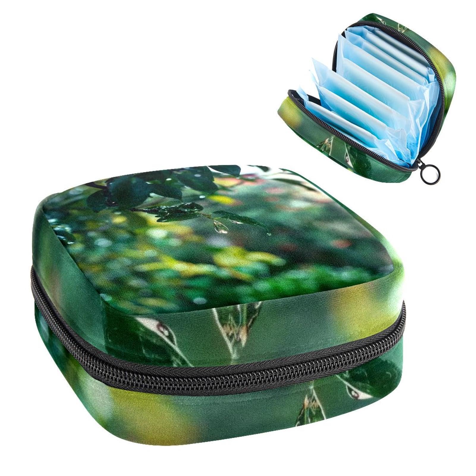 Sanitary Napkin Storage Bag for Women Cute, Feminine Menstruation Pad Holder for Period, Portable Zipper Menstrual Pad Bags Rain Drops and Leaves