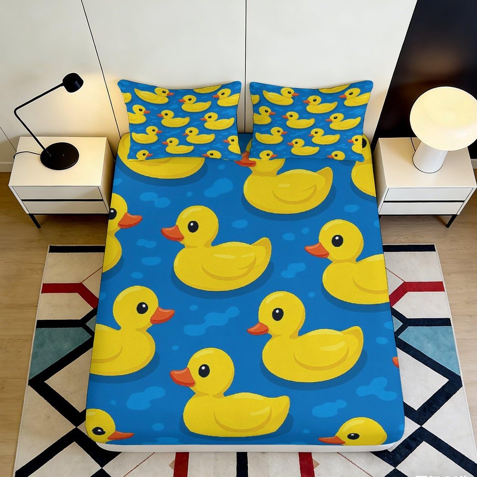 3D Printed Yellow Duck Fitted Sheet Microfiber Soft Anti-Slip Blue Duckling Bed Cover for Bedroom Dorm Decor 90x200x25cm