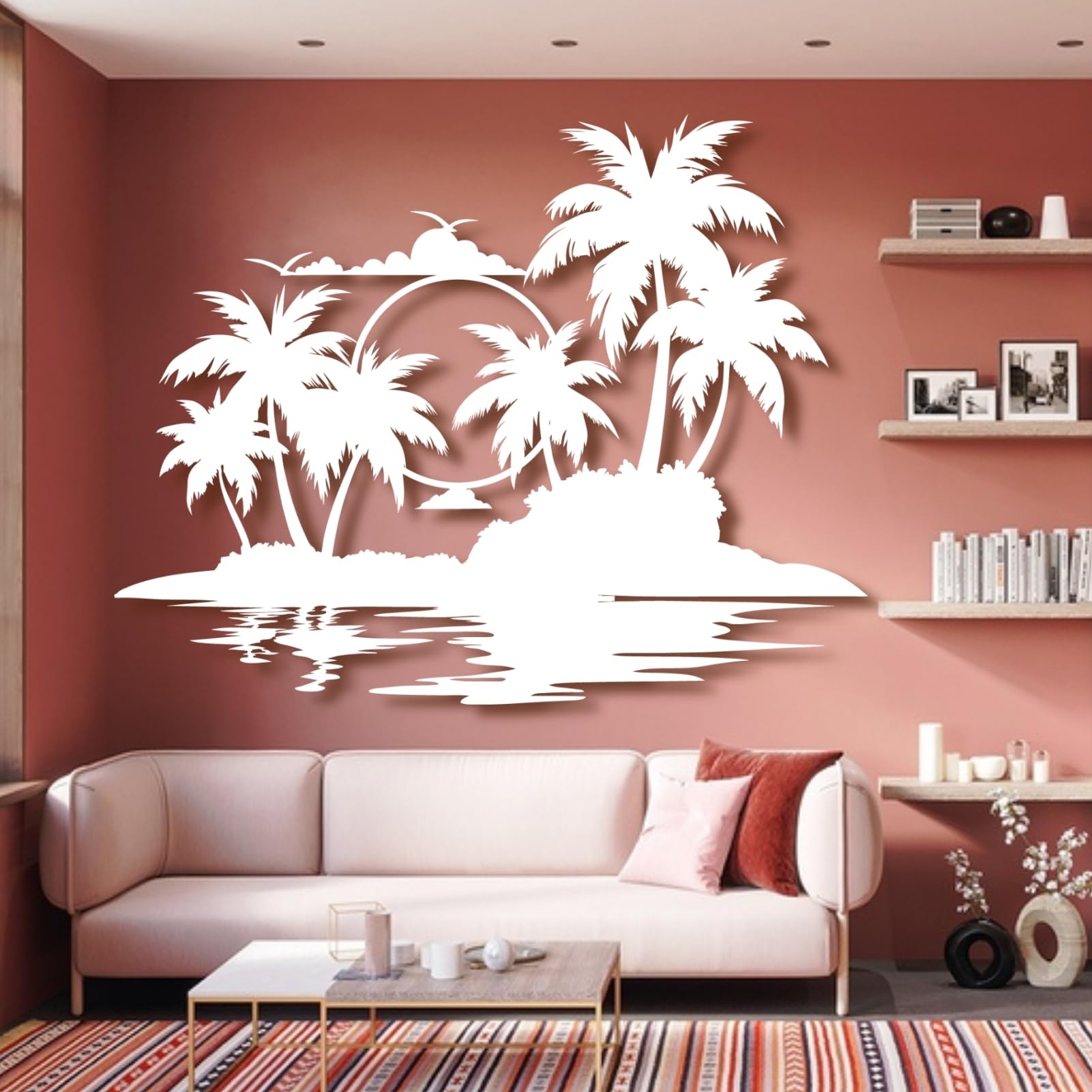 Lunwall Palm Tree Metal Wall Art, Tropical Beach, Wall Sculpture, 19 L" x 14 W" / 47 x 37 cm, White, Art Deco, Indoor/Outdoor