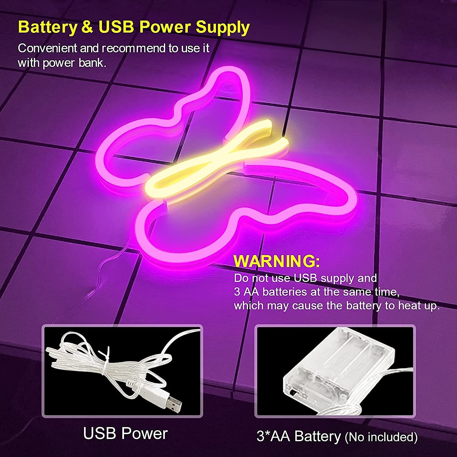 Luz nocturna para niños, enchufe de mariposa de fibra óptica LED que cambia de color, lámpara de decoración de luz nocturna, juguete de regalo (rosa + amarillo)