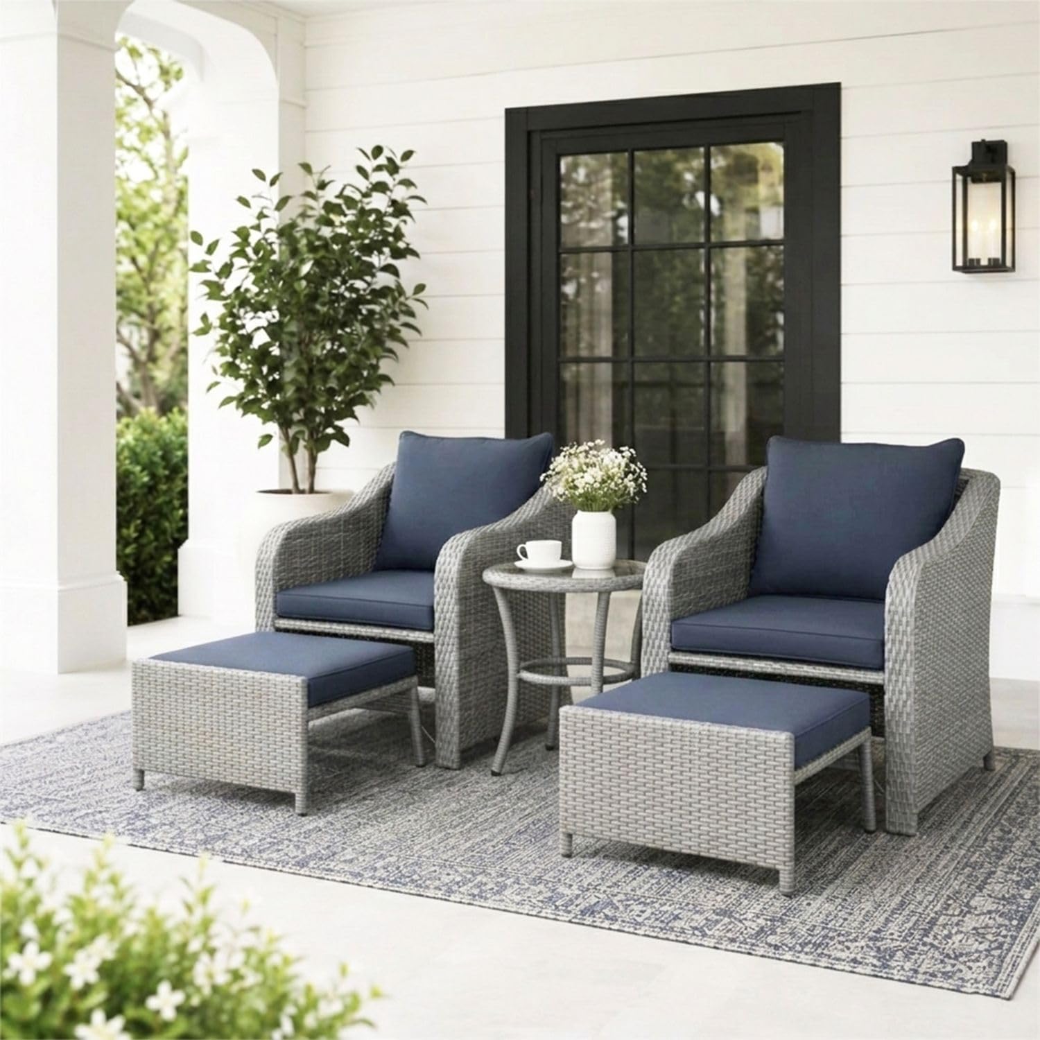 DEVOKO 5 Pieces Patio Wicker Rattan Furniture Conversation Set with Coffee Table for Garden, Deck, Lawn, Poolside (Silver Grey and Navy Blue)