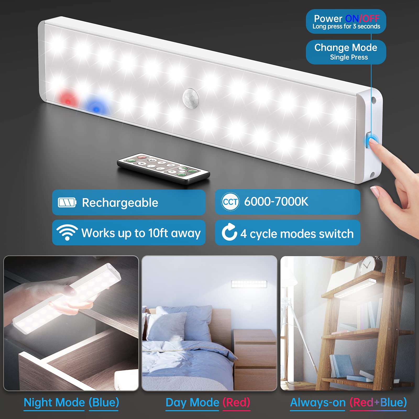 LED Closet Lights with Charging Station, 24-LED Under Cabinet Lighting with Remote, Homelife Motion Sensor Light Indoor, Wireless Battery Powered Lights Bar for Kitchen, Wardrobe, Hallway(3 Pack)