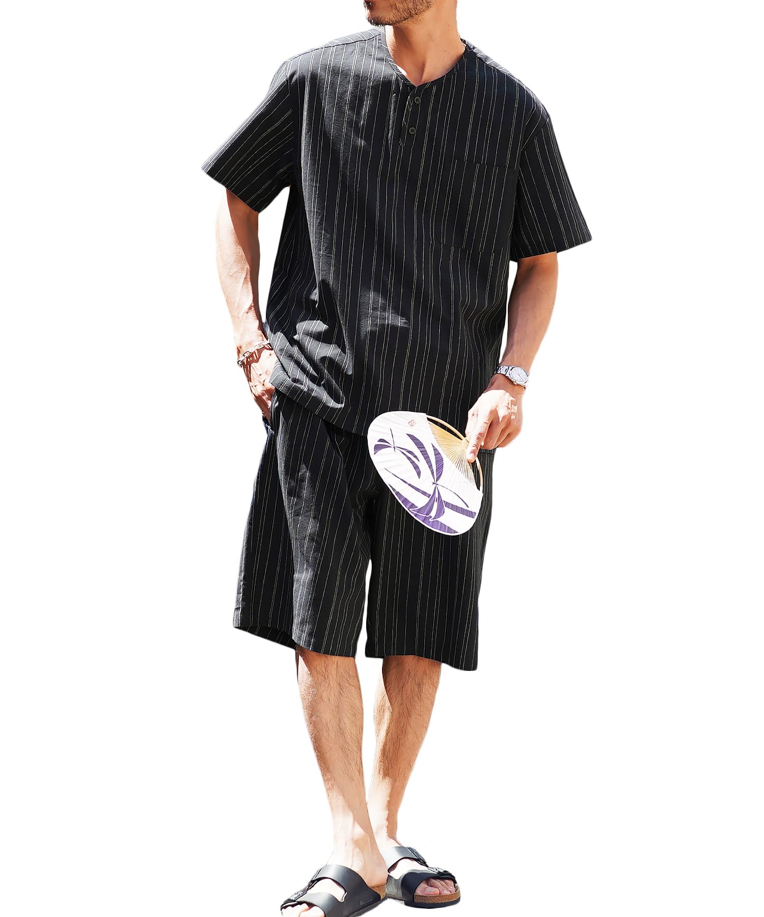 Men's Jinbei Night Rain Henley Neck Cotton Shijira Set Size L Japanese Summer
