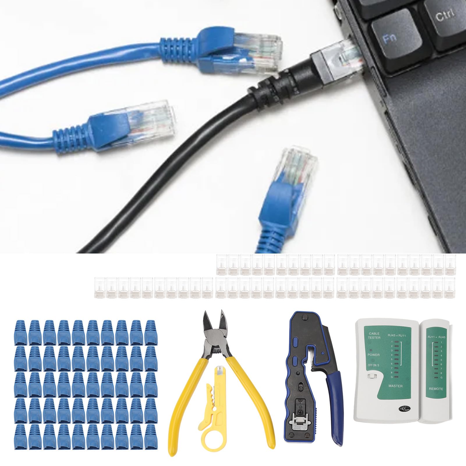 Testeur de câble réseau RJ45, Kit d'outils de sertissage, dénudeur de fil avec 50 connecteurs de passage