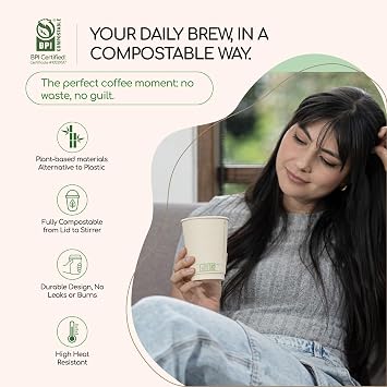 Living Balance Certified Compostable Coffee Cups with Lids 12 oz 100 Pack with Stirrers & Integrated Sleeves|Sturdy Double-Wall, Leak Proof, BPA-Free & CPLA Certified|To-Go cup for Hot & Cold Drinks