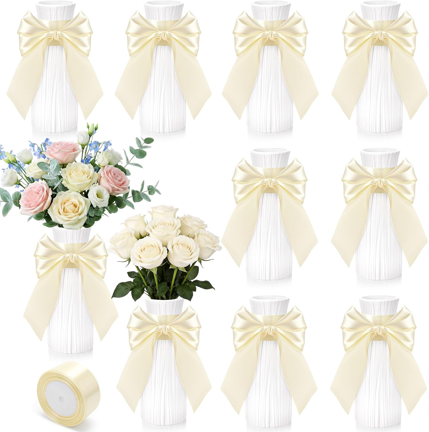 10 Pcs Plastic White Flower Vases Bulk Unbreakable Ceramic Look Vases with Ribbon for Centerpieces Home Decor Wedding Living Room, 7/8 Inch(Modern Style)
