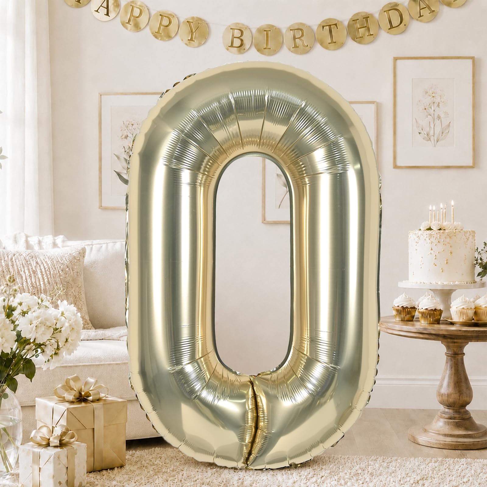 40 Inch Champagne Gold Numbers Balloons 0-9, Self Inflating Light Gold Foil Number 0 Helium Balloon for Boy Girl, Big Digit 0 Balloons for Women Men 12 40 50 60 70 80 100 Birthday Party Decorations