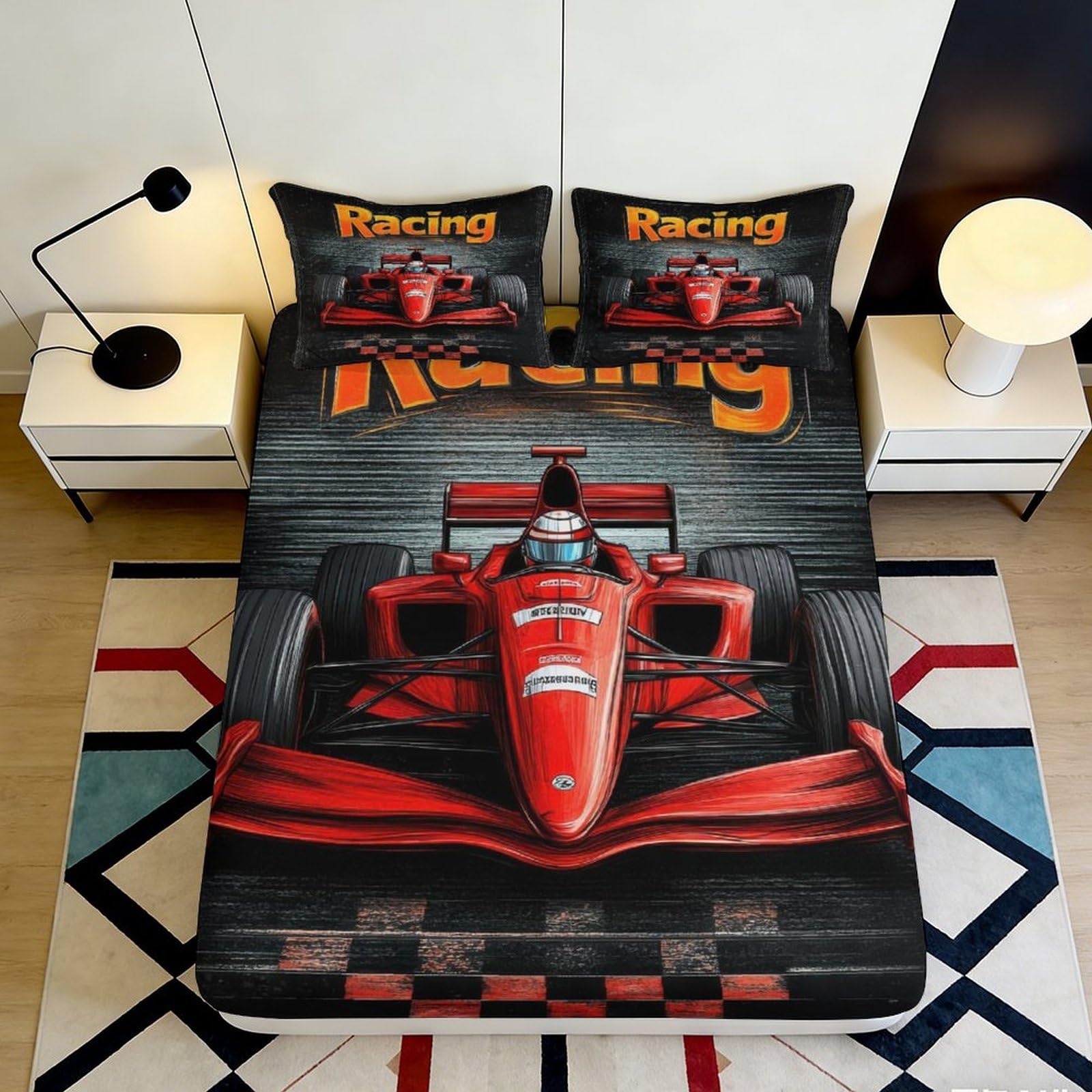 Dynamic Decor Racing Car Fitted Sheet 3D Printed Soft Touch Microfiber for Bedroom Guest Room Bedding Cover Easy Care 90x200x25cm