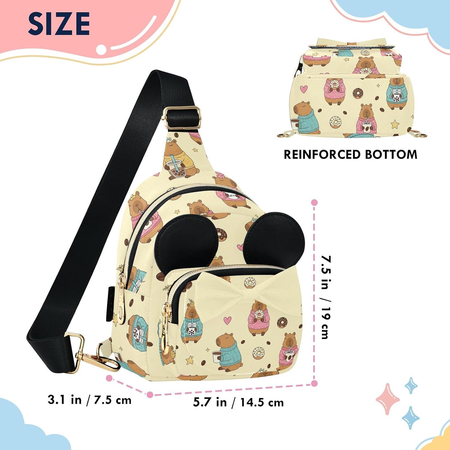 Sinestour Capybara Kids Sling Bag for Girls, 3.1x5.7x7.5Inches | Crossbody Fanny Pack, Toddler Purse, Cute Sling Belt Bag with Ears, 2L Small Shoulder Chest Bag for Travel