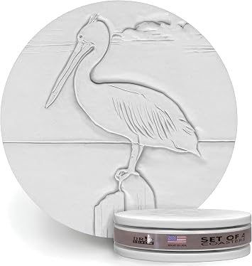 McCarter Coasters Pelican Absorbent Stone Drink Coasters - Set of 4 Natural Clay Coastal Bird Decor - Hand-Carved Beach Themed Coasters - Round Off-White - Made in USA - 4.38" Diameter