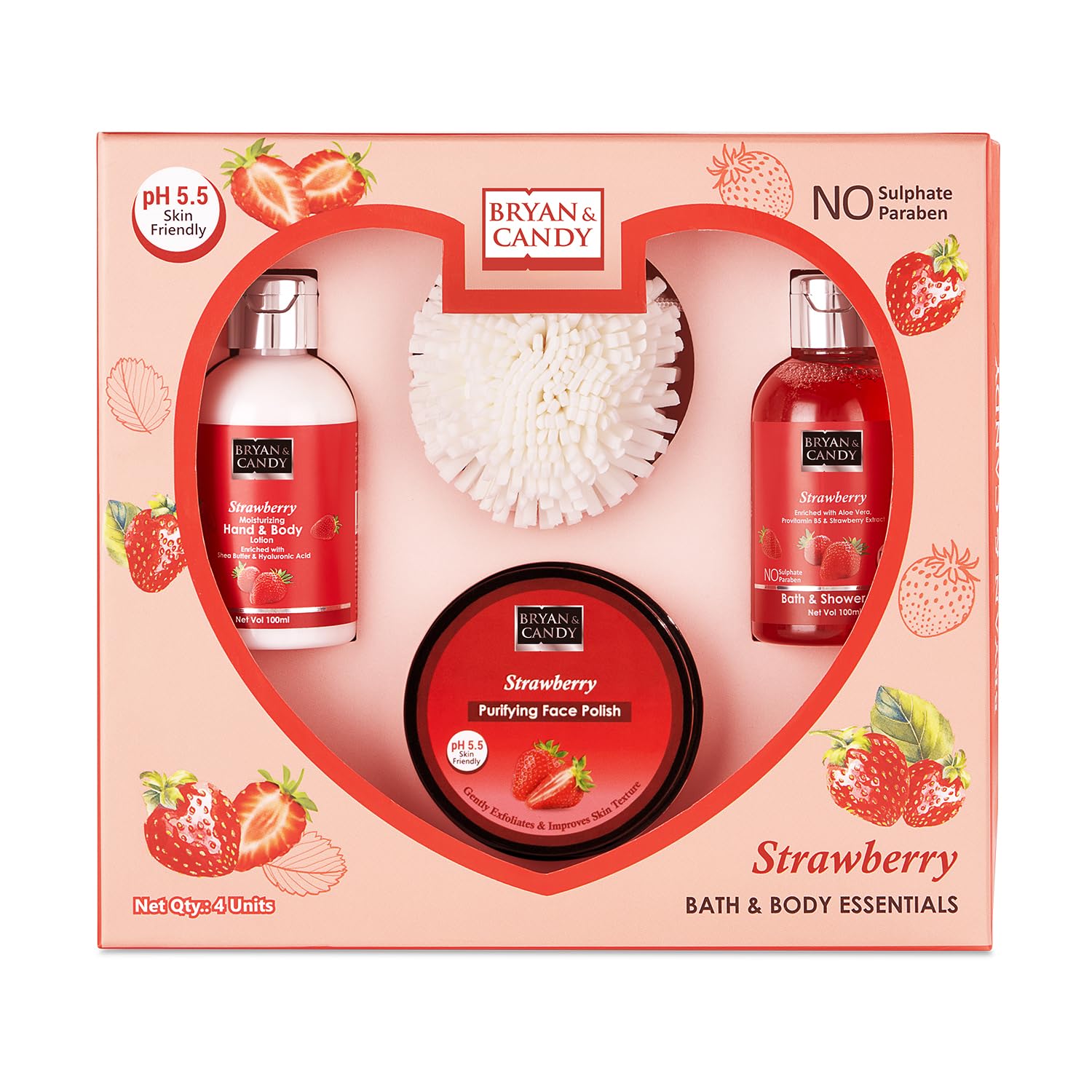BRYAN & CANDY Strawberry Heart Combo Kit Gift Set For Women And Men (Shower Gel, Hand & Body Lotion, Body Polish, Loofah) 4 Count (Pack Of 1) Multicolor