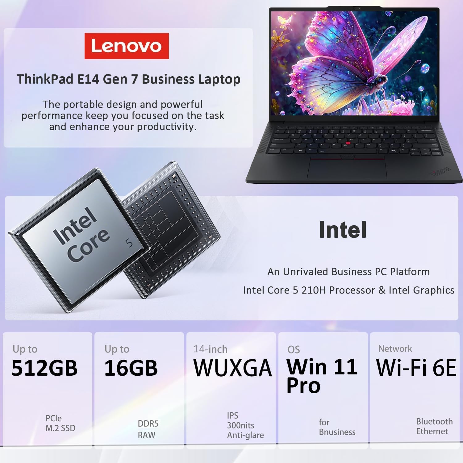 Lenovo ThinkPad E14 Gen 7 Business Laptop (14" FHD+ Anti-Glare, Intel Core 5 210H (> i7-1355U), 16GB DDR5 RAM, 512GB SSD), Fingerprint, 1080p IR Webcam, Backlit KB, Thunderbolt 4, Wi-Fi 6E, Win 11 Pro