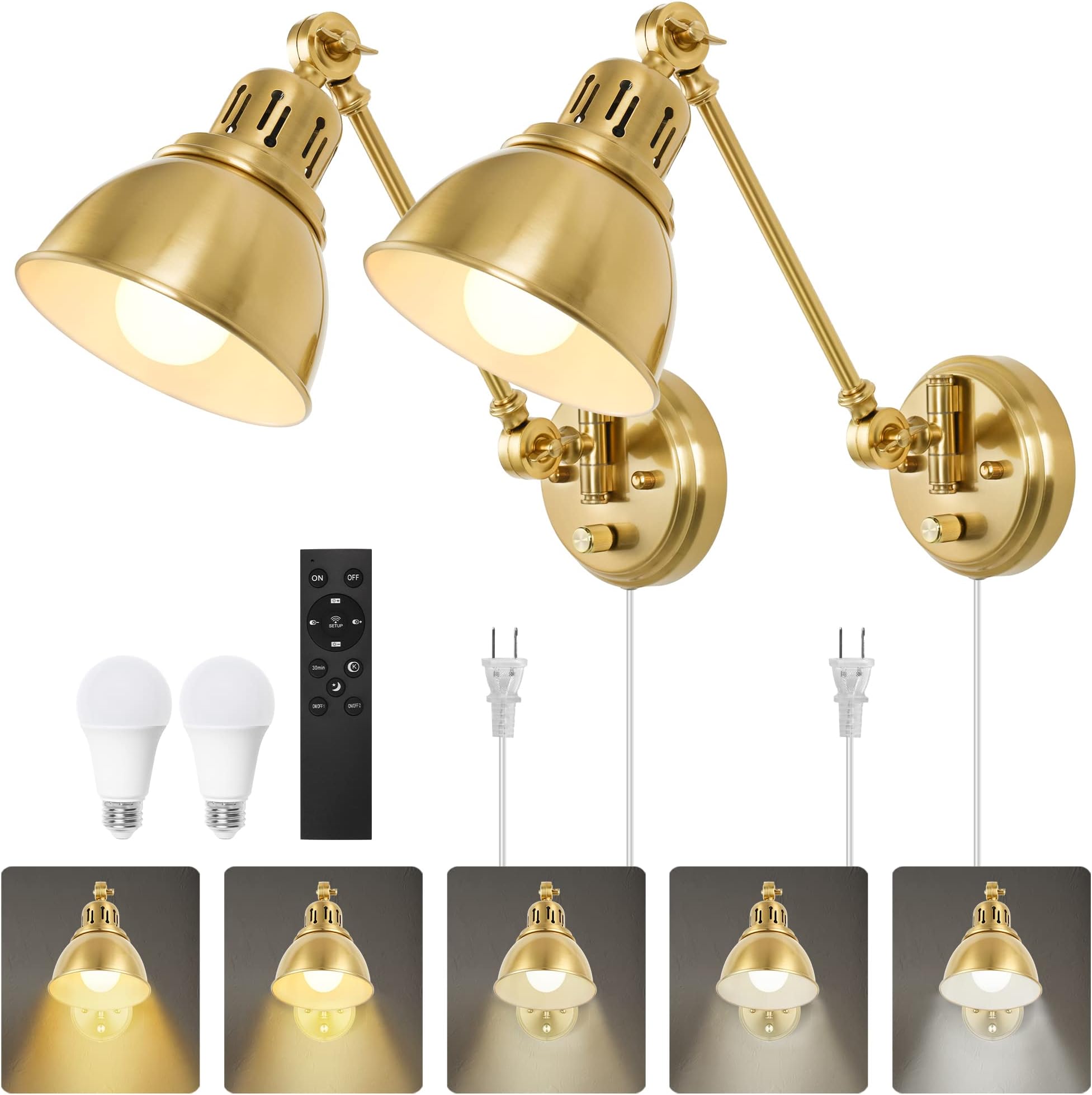 GOODATE Plug in Wall Sconces Set of Two with Remote, Stepless Colors 2700K-6500K & Stepless Dimming, Premium Golden Finish, Plug in Wall Light with Night Light & Timer, LED Bulbs Included