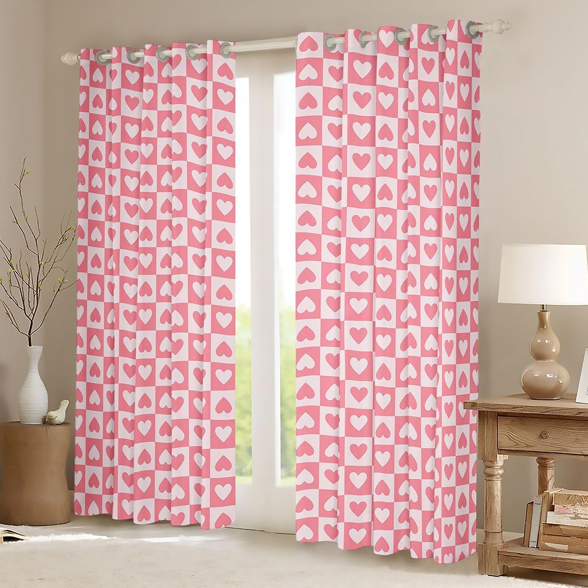 Feelyou Modern Plaid Print Curtains for Bedroom Living Room Checkered Heart Blackout Shades Geometric Room Darkening Curtain Light Pink Window Treatments, 2 Panels 52 x 84 Inch Decor