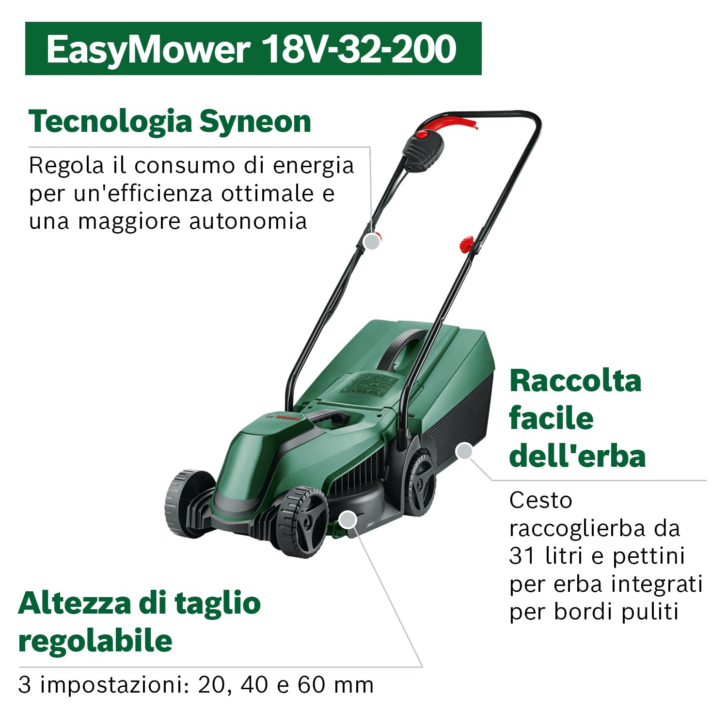 Bosch Tagliaerba/Tosaerba a batteria EasyMower 18V-32-200 (1 batteria da 4,0 Ah, 18 Volt System, Larghezza di taglio: 32 cm, in confezione di cartone)