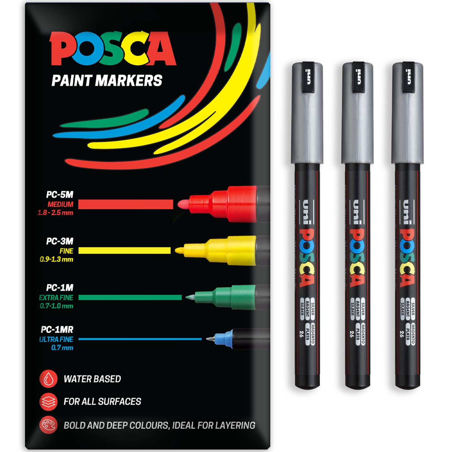 Posca Water Based Acrylic Paint Marker Pens | Multi Surface Use Permanent Paint Pen | Pack of 3 Pens in Envelope Gift Packaging | Glass, Fabric, Canvas, Wood etc | PC-1MR, Silver
