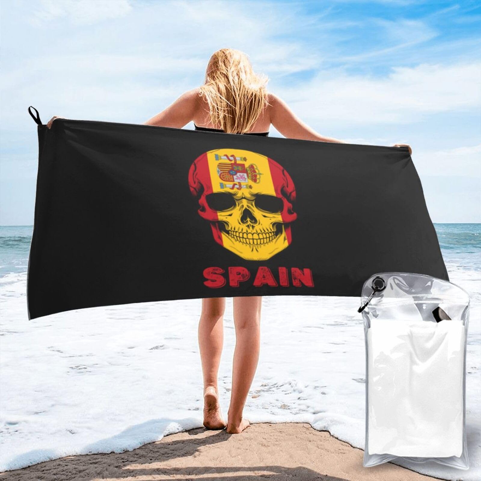 HACXZ Skull Spain Flag Lightweight Absorbent Beach Towel Microfiber Beach Towel 27.5"X55"