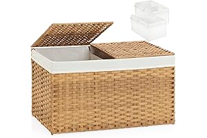 Wicker Storage Basket with Lid (2-Pack), Large 17.2-Gallon (65-Liter) Rattan Storage Basket...