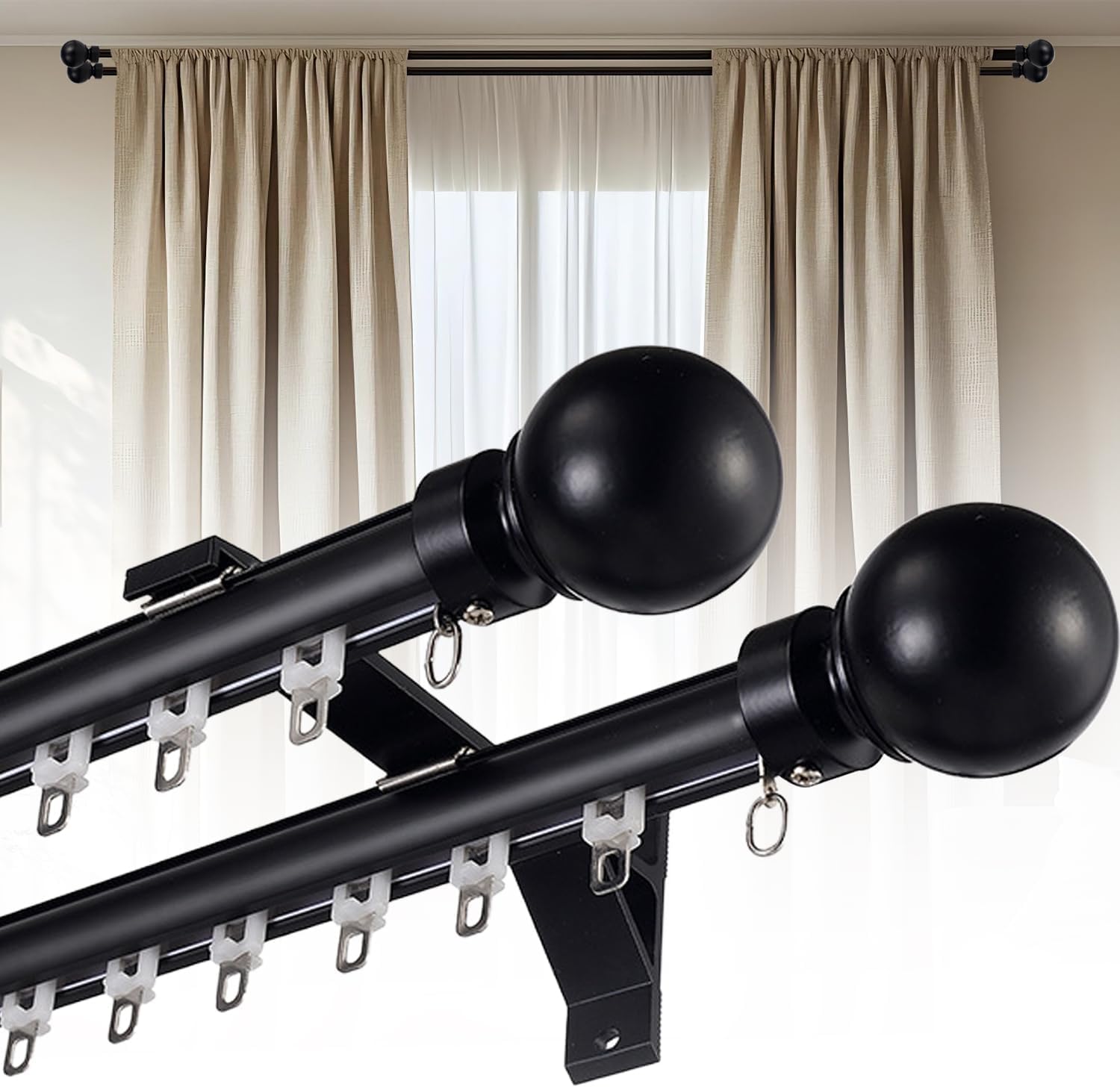 Tringle à rideau double robuste en aluminium, rail haut de gamme pour salon