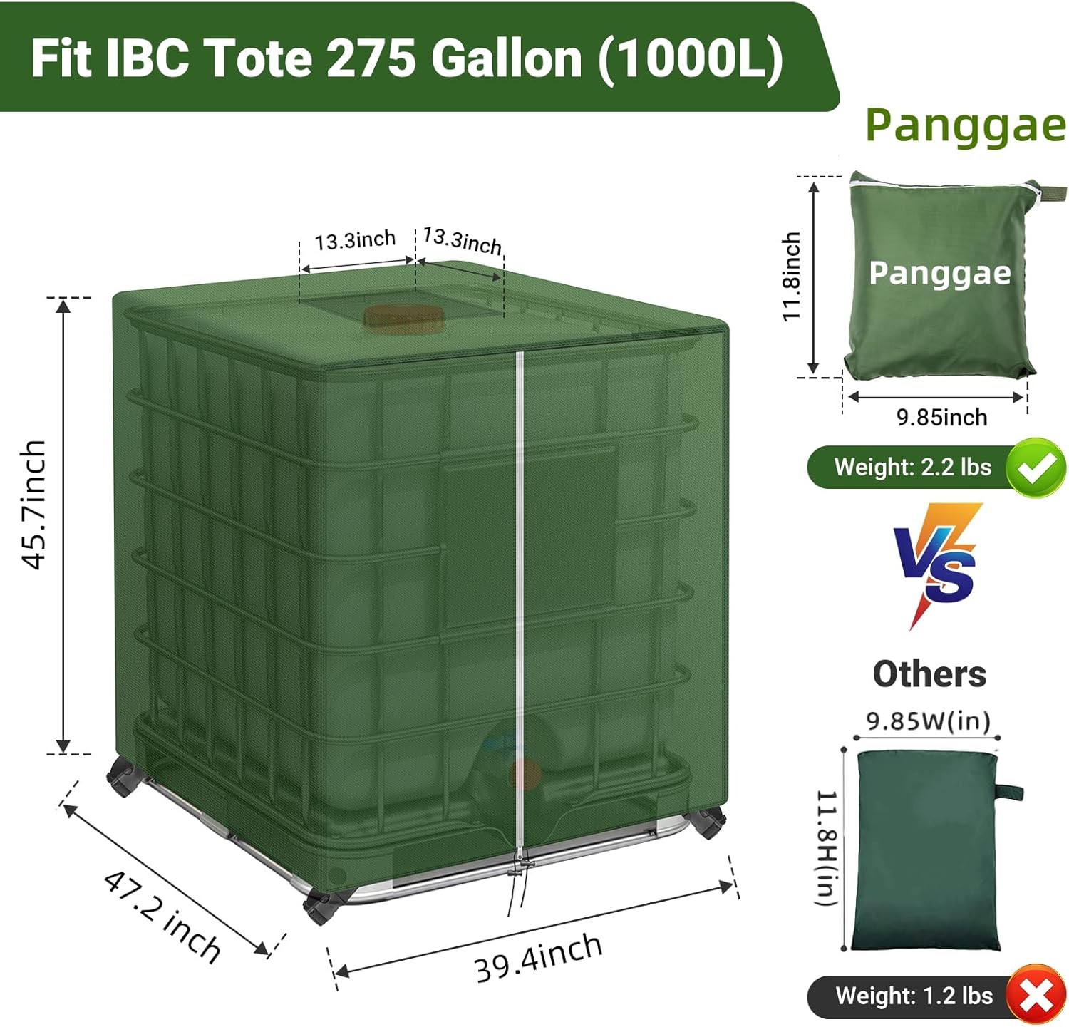 IBC Tote Cover–Zipper 275 Gallon Water Tote Covers, Waterproof & Sun-Resistant, Water Tank Cover for Standard IBC Totes