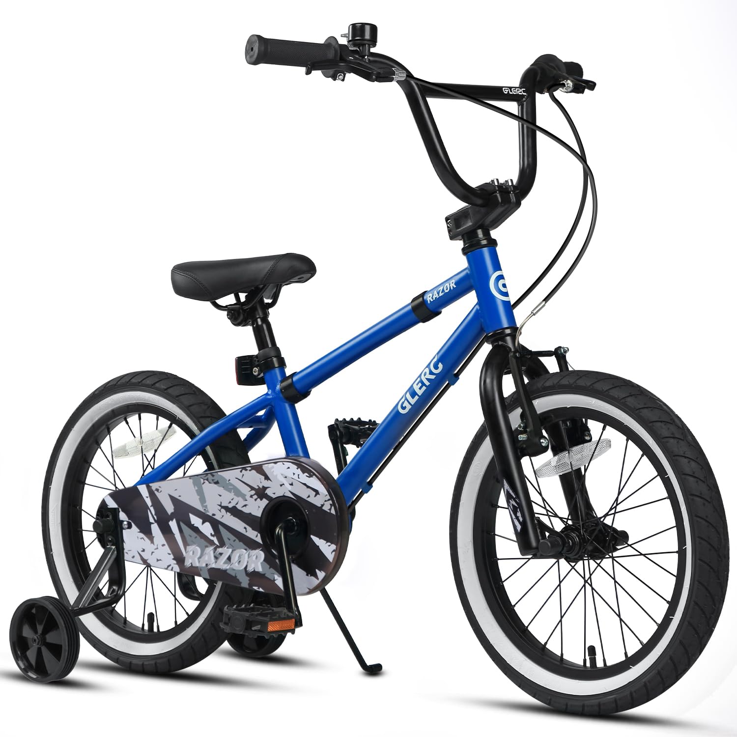 Glerc Razor 16 Inch Kids Bike for 4 5 6 7 Years Old Boys BMX Style Bicycle with Kickstand & Safety Bell & Removable Stabilisers, Blue