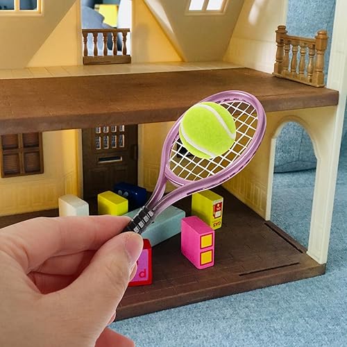 Miniatura 6 de Miniatures 3 juegos de mini raqueta de tenis, accesorios para casa de muñecas 112, mini raqueta de tenis deportiva y juego de pelota para mini casa