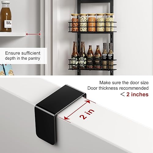 Miniatura 5 de Organizador de despensa de 6 niveles sobre la puerta con 6 cestas ajustables y 4 ganchos, estante de especias colgante de metal, negro..