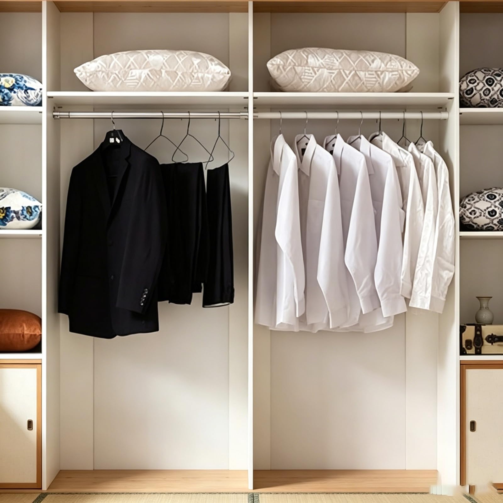 Silver No-Drill Tension Rod, Telescopic Hanging Bar for Closet and Cabinet Bullet Points