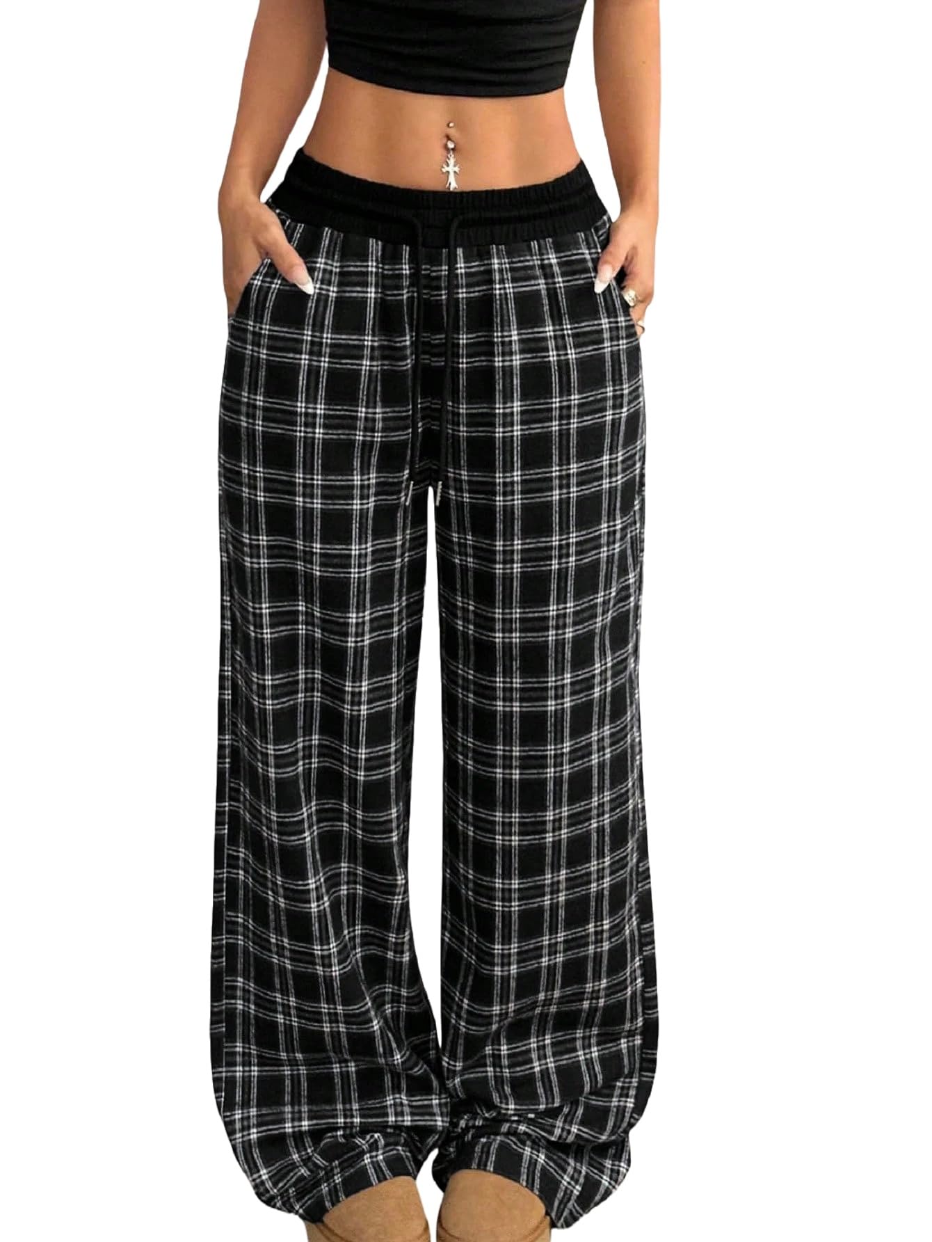 Womens Gingham Pants Plaid Casual Y2k Flannel Pajama Pants Wide Leg Baggy Pants Long Trousers with Pockets